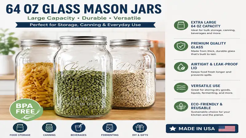 64 oz glass mason jars with airtight lids displayed for kitchen storage and canning