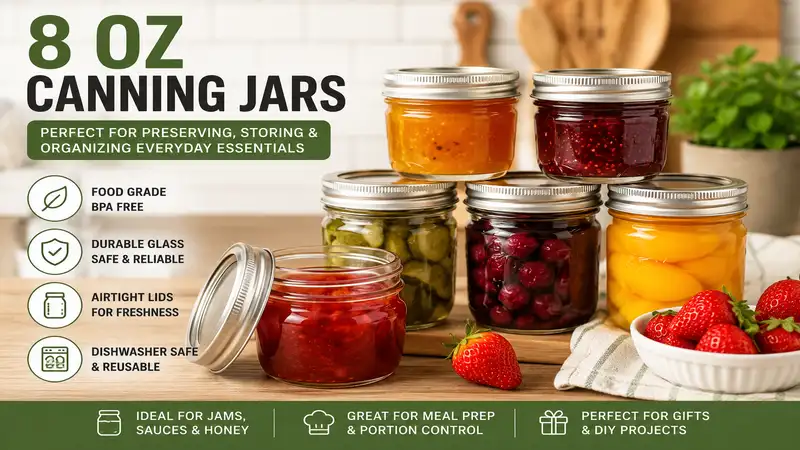 8 oz canning jars arranged for food storage and home canning in a clean kitchen setting