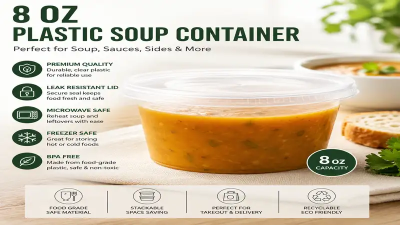 8 oz plastic soup container with secure lid for hot and cold food storage