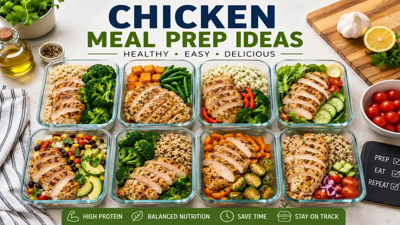 chicken meal prep ideas featuring healthy grilled chicken, vegetables, and rice in organized weekly meal containers