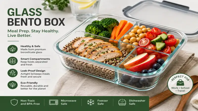 glass bento box filled with healthy meal prep ingredients in organized compartments for convenient food storage