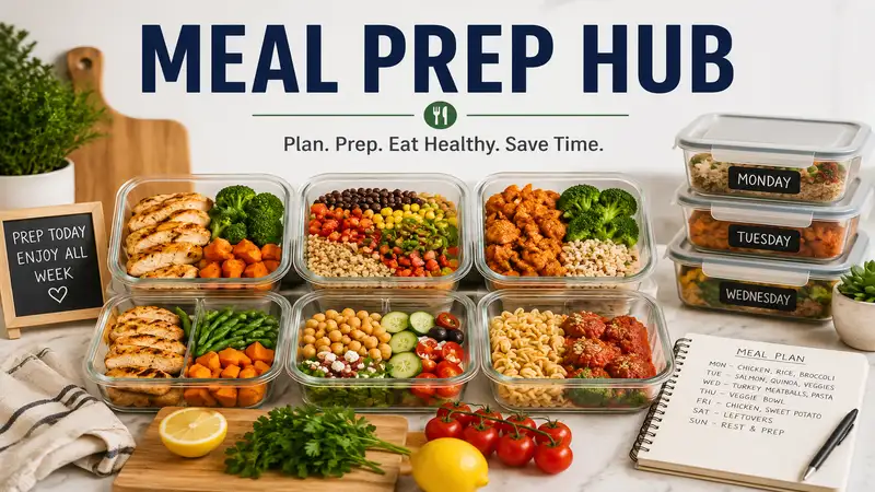 Healthy weekly meal prep hub with organized containers and fresh homemade meals