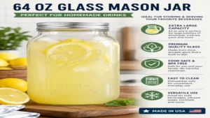 64 oz glass mason jar filled with fresh lemonade for homemade drinks and beverage storage