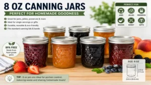 8 oz canning jars filled with homemade jams and preserves for kitchen storage