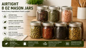 Airtight 8 oz mason jars keeping spices herbs and dry ingredients fresh
