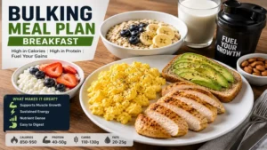 bulking meal plan breakfast with eggs oats fruit and high protein foods