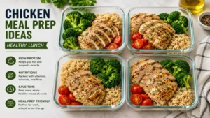 chicken meal prep ideas with healthy lunch bowls including chicken breast, broccoli, and brown rice 