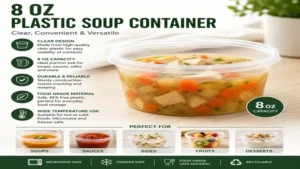 Clear 8 oz plastic soup container for soups, sauces, and meal prep