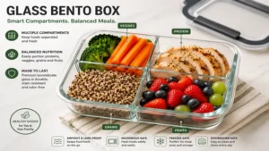 glass bento box with multiple compartments separating vegetables, protein, grains, and fruits for balanced meals