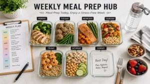 Weekly meal prep hub with balanced meal containers prepared for the entire week