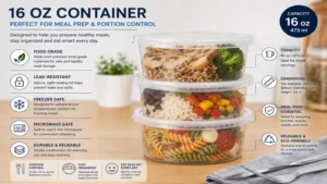 16 oz container used for meal prep and portion control with reusable containers