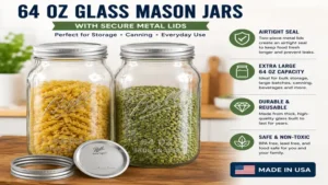 64 oz glass mason jars with secure metal lids for airtight food storage and pantry organization