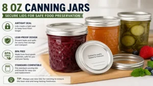 Close-up of 8 oz canning jars with secure lids for safe food preservation and storage