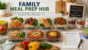 Family meal prep hub featuring homemade meals and organized food containers