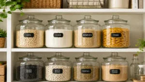 gallon glass jars neatly arranged on pantry shelves with dry food ingredients