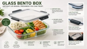 glass bento box featuring an airtight lid design with secure locking clips to keep food fresh and leak-free