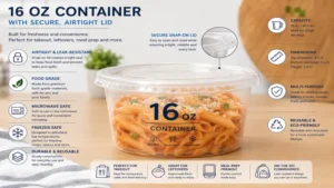 16 oz container with secure airtight lid for takeout leftovers and meal prep