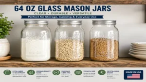 64 oz glass mason jars arranged on a rustic shelf for dry food storage and kitchen organization