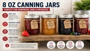 Homemade fruit jam stored in 8 oz canning jars displayed on a rustic kitchen shelf