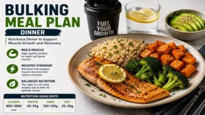 bulking meal plan dinner with salmon sweet potato vegetables and healthy fats