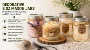 Decorative 8 oz mason jars used for crafts candles and DIY home decor