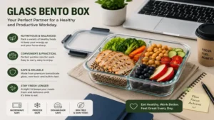 glass bento box packed with a nutritious office lunch on a work desk for healthy meal planning