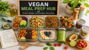 Vegan meal prep hub with colorful plant based meals and fresh healthy ingredients
