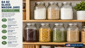 64 oz glass mason jars used for pantry storage with grains, pasta, beans, and baking ingredients