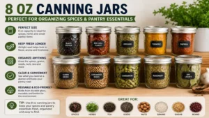 Pantry spices and herbs organized in 8 oz canning jars for fresh kitchen storage