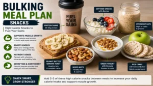 bulking meal plan snacks with protein shake nuts yogurt and calorie dense foods