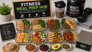 Fitness meal prep hub with high protein meals and healthy workout nutrition