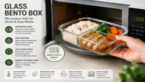glass bento box placed in a microwave for safe and convenient meal reheating without harmful chemicals