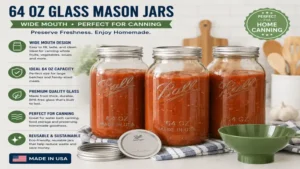 64 oz glass mason jars with wide mouth design for home canning and sauce preservation