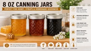 Honey and syrup stored in 8 oz canning jars for homemade kitchen goodness