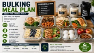 bulking meal plan weekly prep with portioned meals for muscle growth support