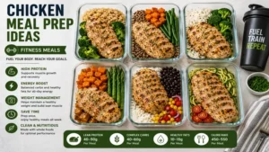 chicken meal prep ideas featuring fitness meals packed with protein, rice, and nutritious vegetables