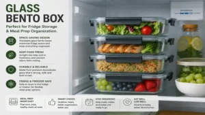 glass bento box stacked neatly in a refrigerator for efficient meal prep and organized food storage