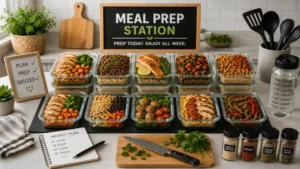 Modern kitchen meal prep station with organized weekly food containers