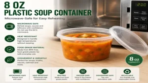 Microwave safe 8 oz plastic soup container for reheating soup and leftovers