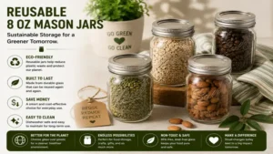 Reusable 8 oz mason jars supporting eco friendly kitchen and pantry storage