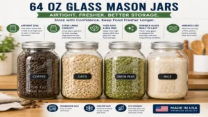 64 oz glass mason jars with airtight lids storing coffee beans, oats, rice, and dry foods