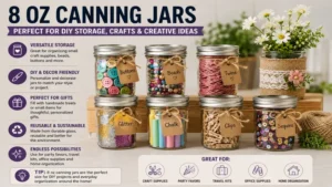 DIY craft supplies organized in 8 oz canning jars for creative home storage