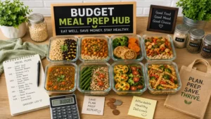 Budget meal prep hub with affordable healthy meals prepared for the week