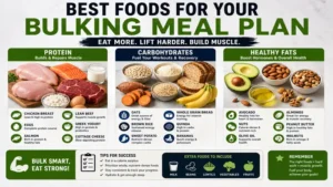 bulking meal plan foods including protein carbs and healthy fats for bulking