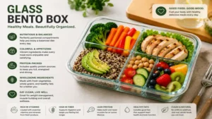 glass bento box containing colorful healthy meals with fresh vegetables, fruits, grains, and protein