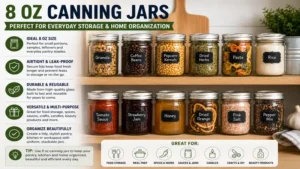 Multiple 8 oz canning jars neatly arranged for pantry and kitchen organization