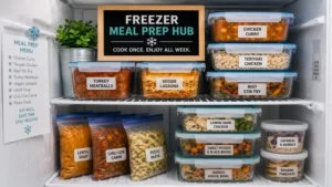 Freezer meal prep hub with labeled containers and ready to eat frozen meals