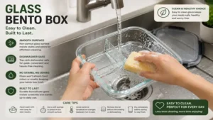 glass bento box being cleaned with a sponge under running water for easy maintenance and long-lasting use