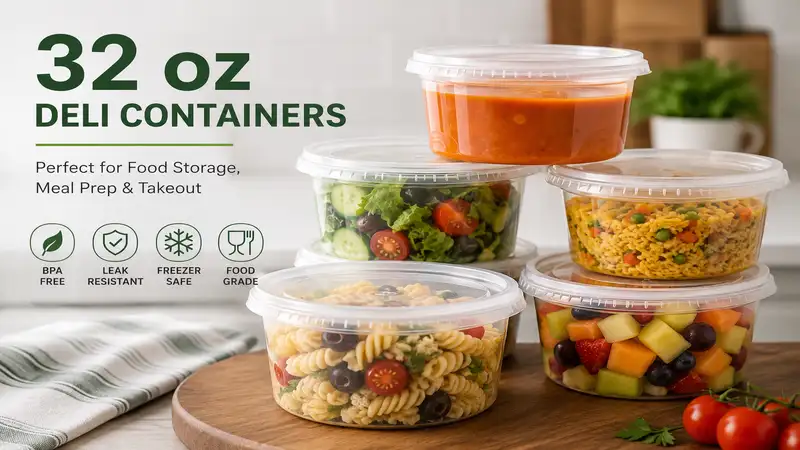 Stack of 32 oz deli containers with secure lids for food storage, meal prep, and takeout use.