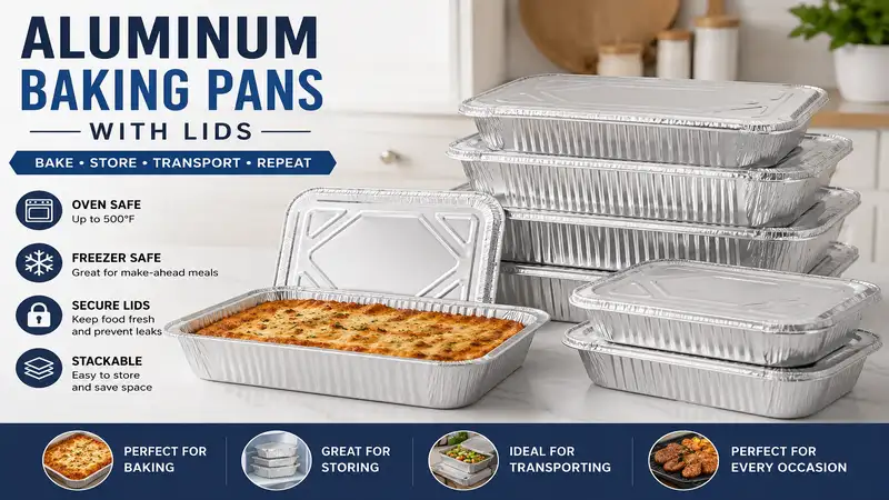 aluminum baking pans with lids set displayed in a modern kitchen for baking, storing, and transporting food